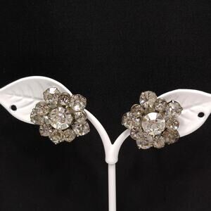 1950s Clear Rhinestone Floral Screw Back Earrings Silver Tone Vintage